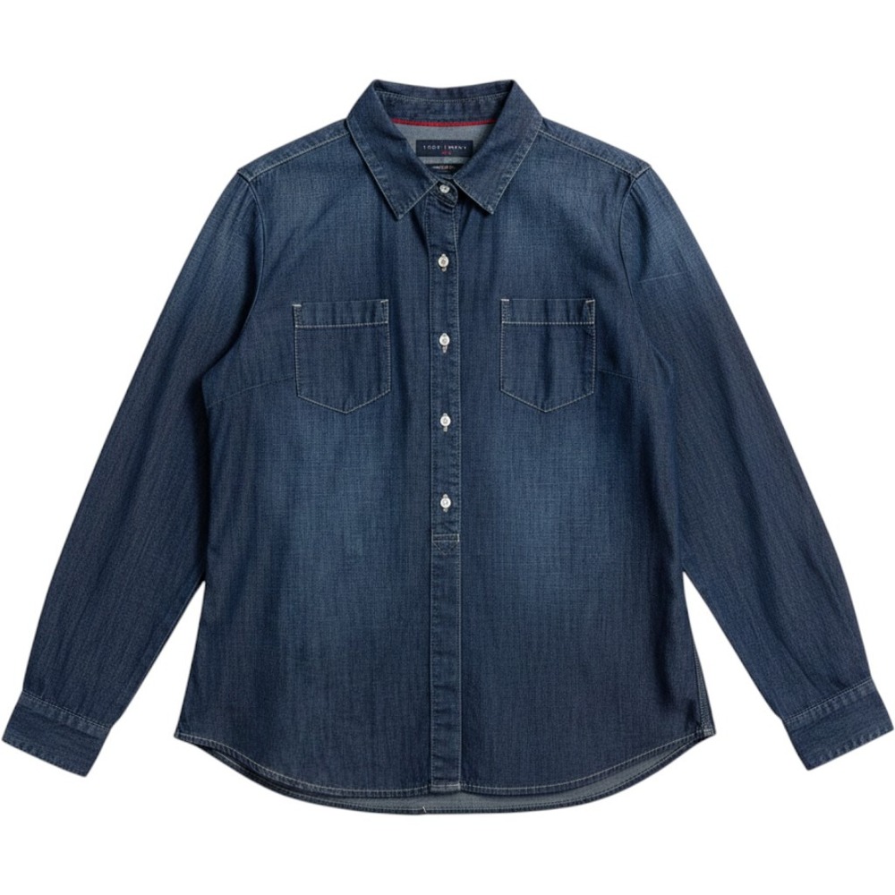 Women Top Tommy Hilfiger Womens Dark Wash Denim Button Down Long Sleeve Cotton